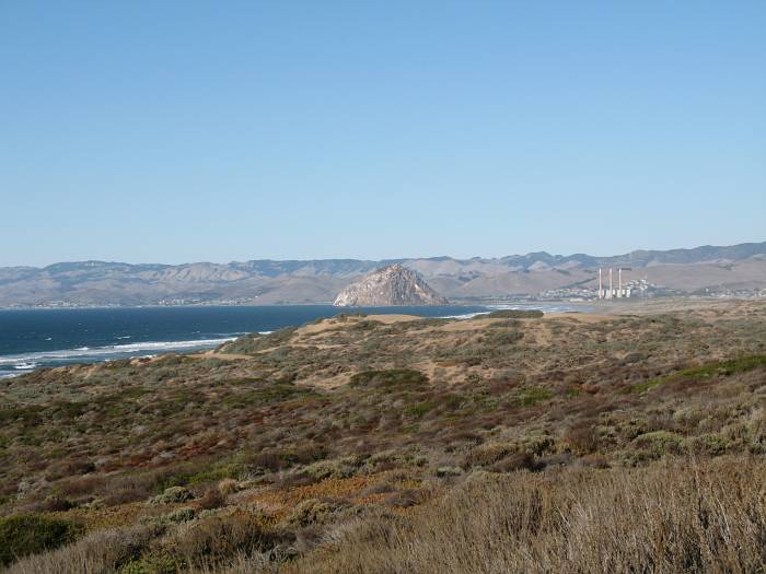 Morro Rock and the Morro Bay power plant, seen from the south end of Morro Bay