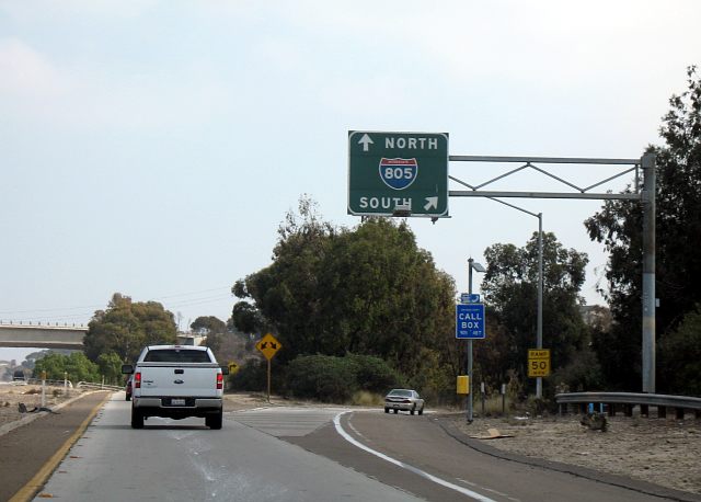Exits for northbound and southbound Interstate 805 from California 905 in San Diego County