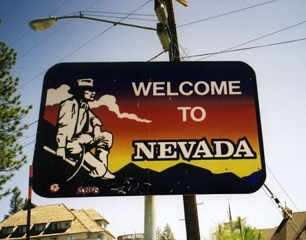 Nevada state line welcome sign