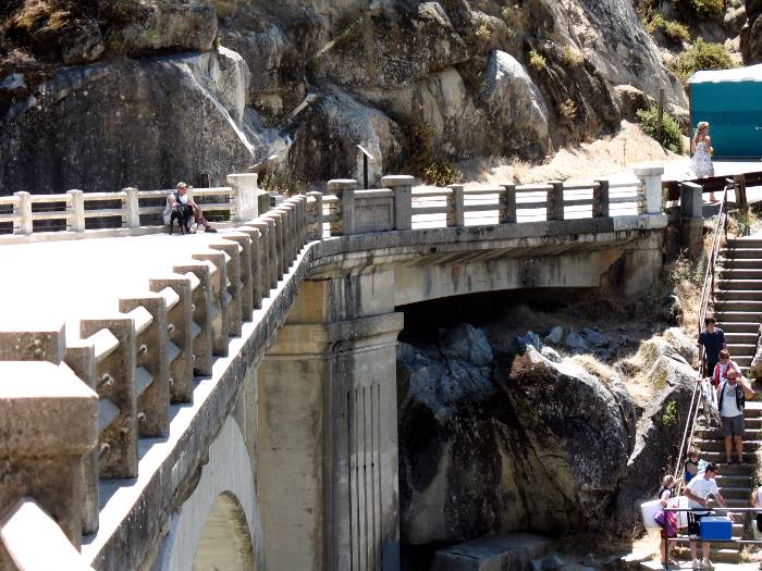 Detail of one end of the California 49 rainbow-arch bridge over the South Yuba River