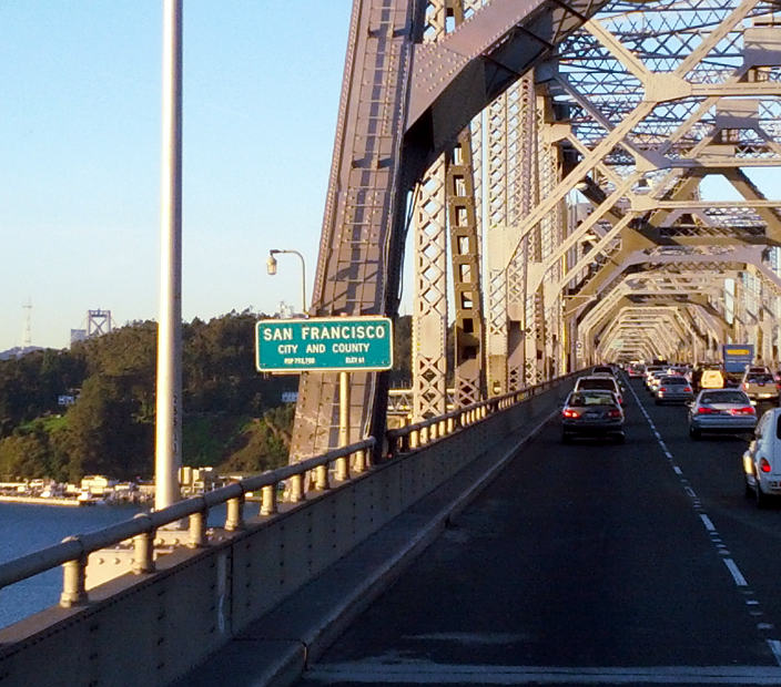 San Francisco city and county boundary sign on the east span of the Bay Bridge (2012)