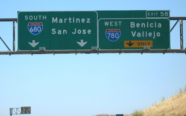 Advance sign for Interstate 780 from southbound Interstate 680 in Solano County, California