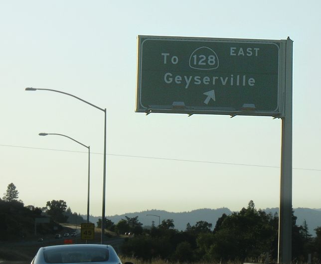 Sign at the exit leading to California 128 in Geyserville
