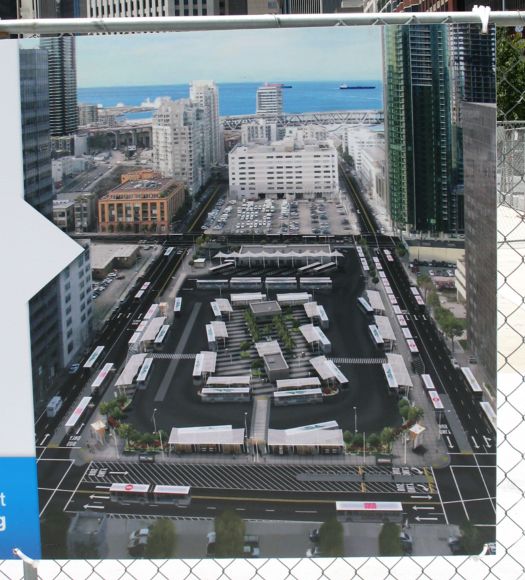 Close-up of reversed image of area around the temporary Transbay Terminal in San Francisco (2010)