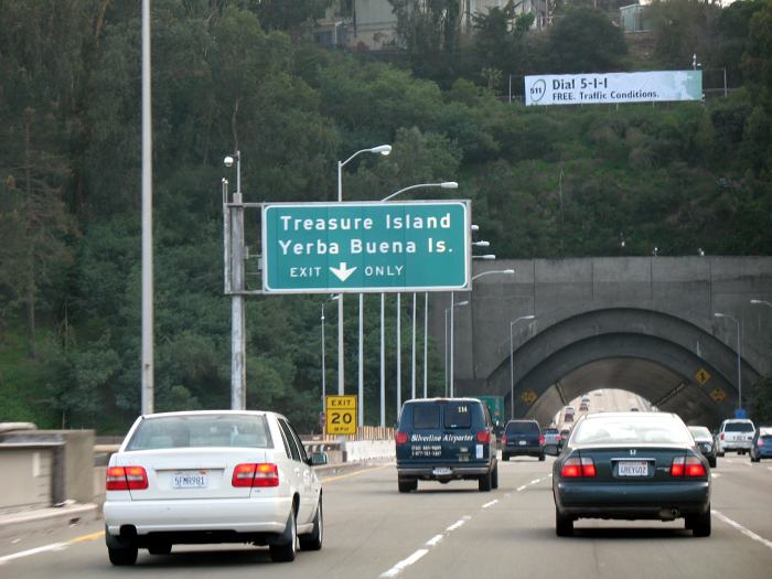 Backlighted exit sign on the Bay Bridge