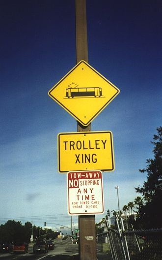 Warning sign in San Jose, California for light rail track