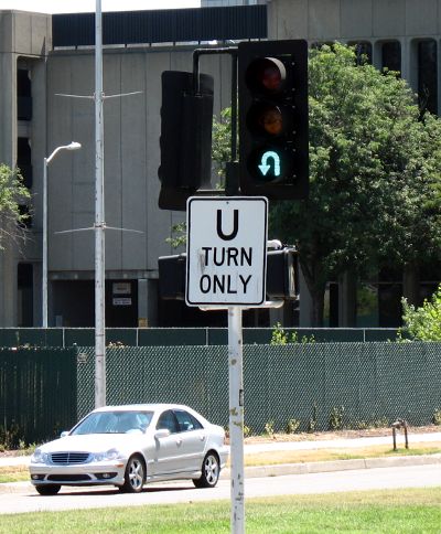 Green phase of U-turn signal on Capitol Mall in Sacramento, California