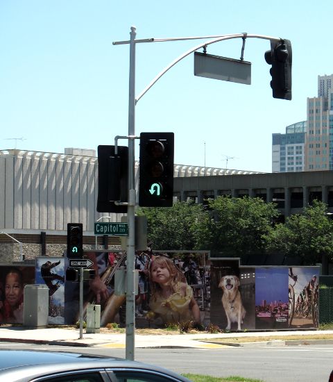 Two U-turn signals for Old Sacramento on Capitol Mall in Sacramento, California