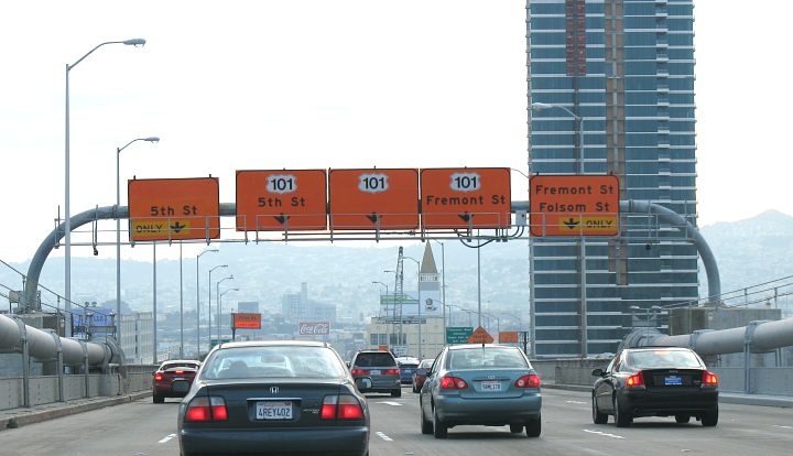 Big orange signs on westbound Interstate 80 in San Francisco