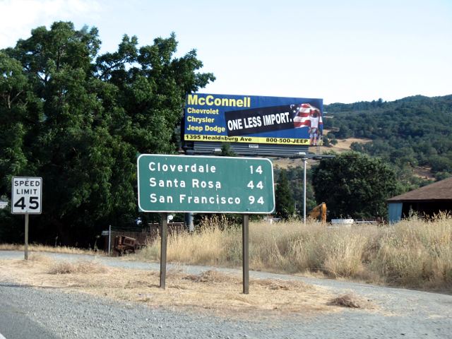 Destinations from Hopland, California on US 101 southbound