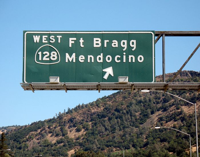 Exit sign for westbound California 128 from US 101 in Cloverdale