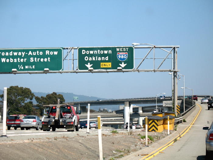 Sign for the Interstate 980 exit, seen from the California 24 entrance from Interstate 580 in Oakland