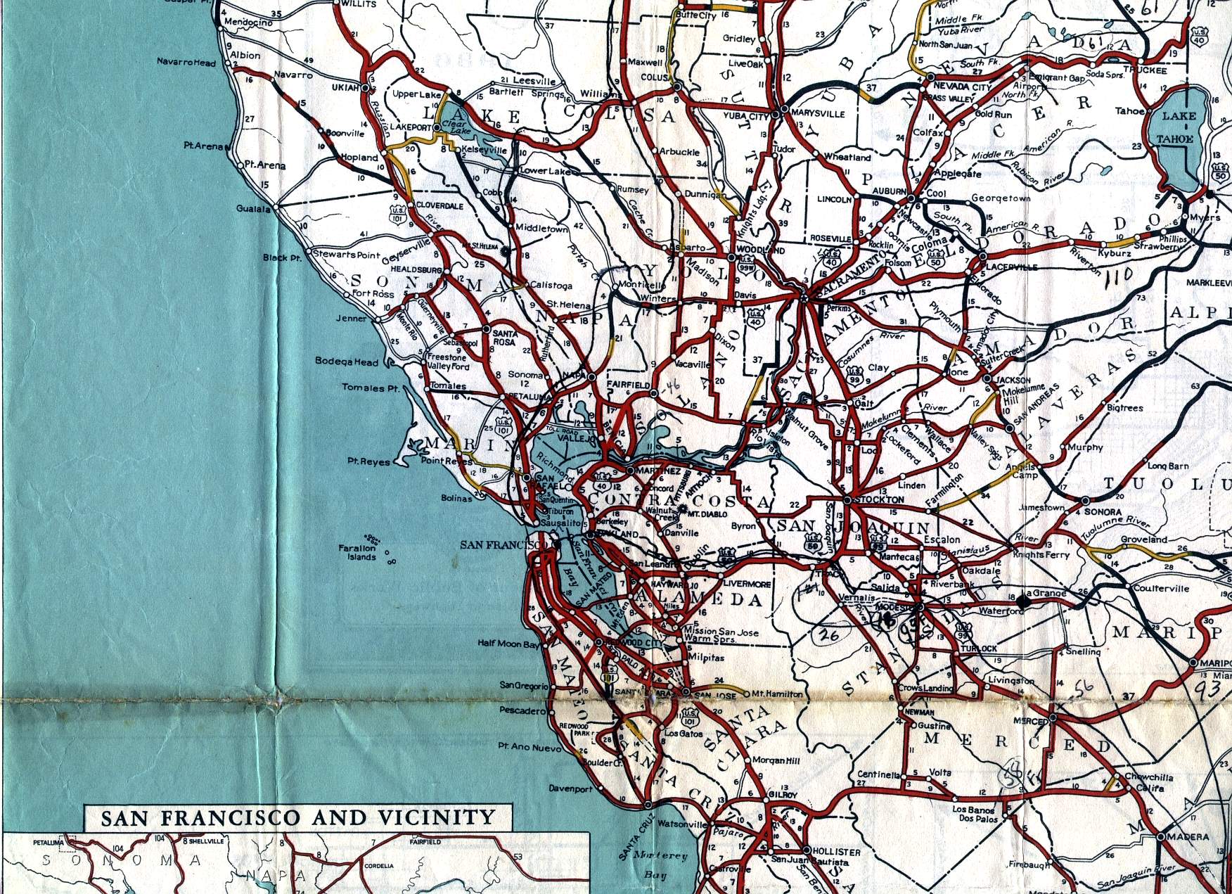 Bay Area, Sacramento, Lake Tahoe, on 1936 California official highway map