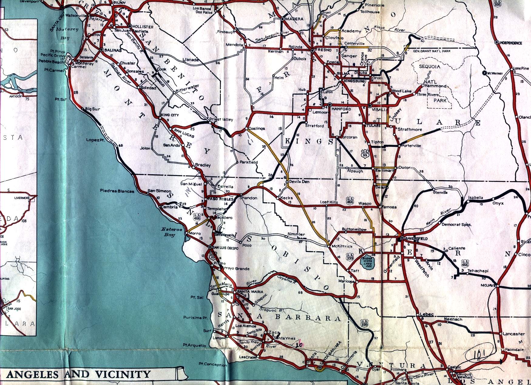 Central Coast, Central Valley, on 1936 California official highway map