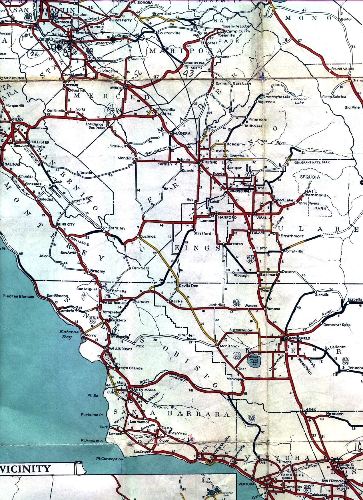 Central Valley and parts of the Central Coast on the 1936 California official highway map