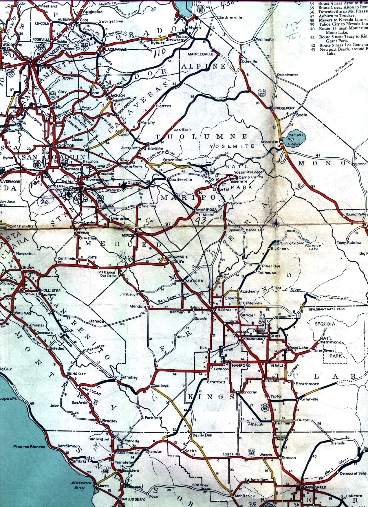 Central Valley and Yosemite National Park on the 1936 California official highway map