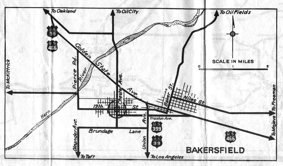 Detail map for Bakersfield on the 1936 California official highway map