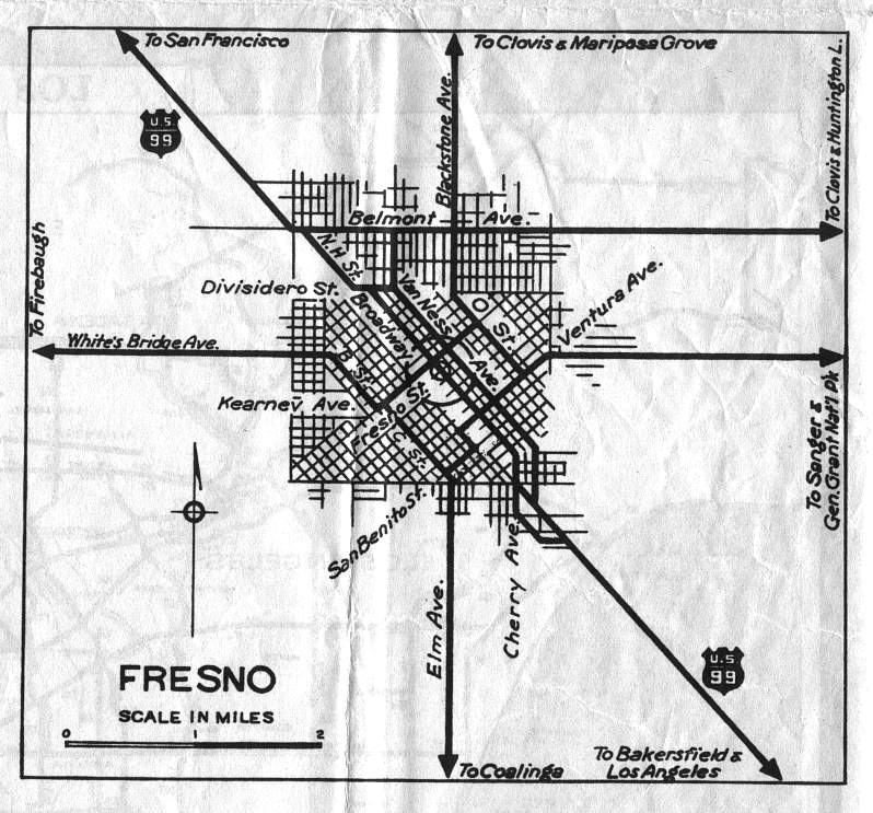 Detail map for Fresno on the 1936 California official highway map