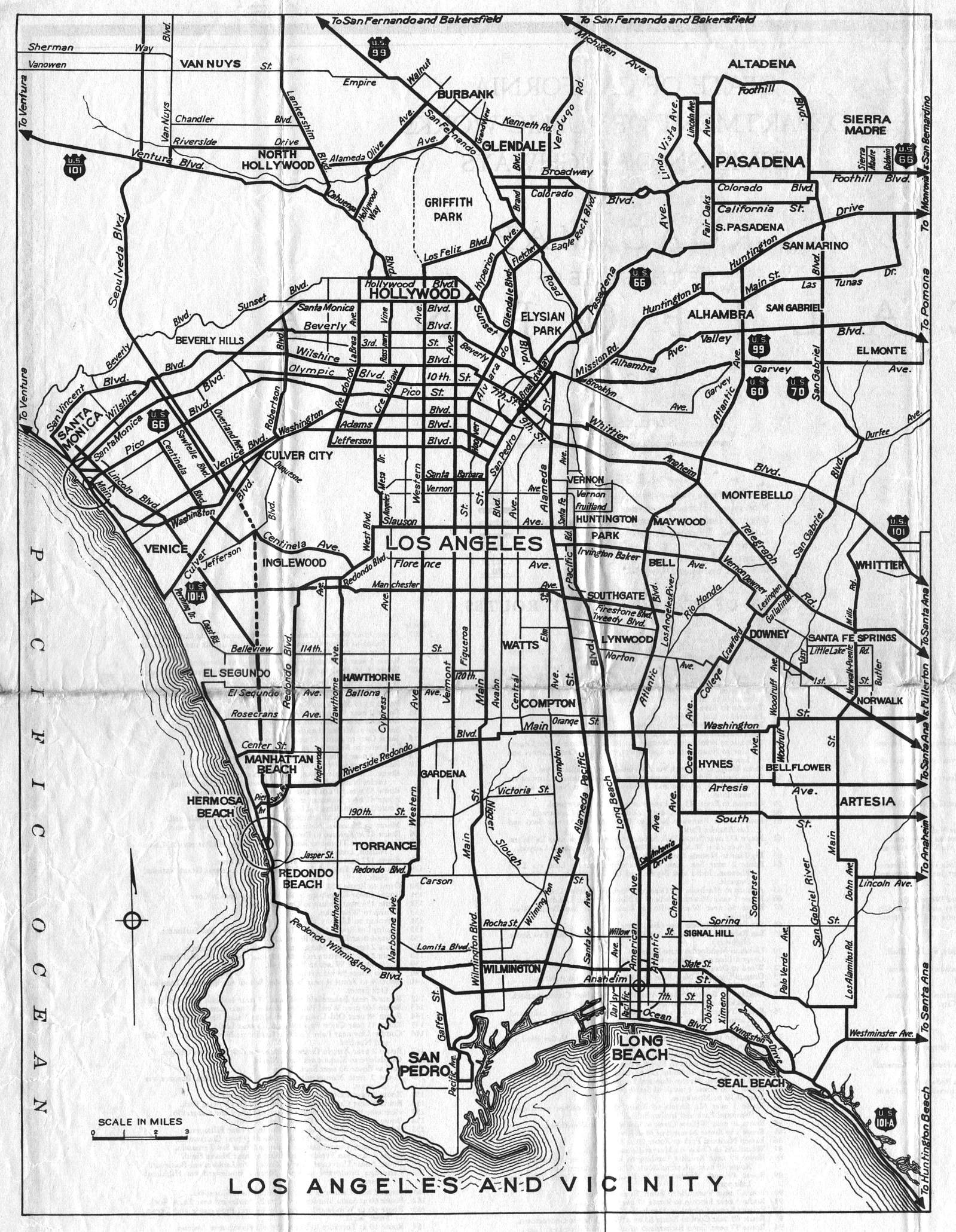 Detail map for Los Angeles and vicinity on the 1936 California official highway map