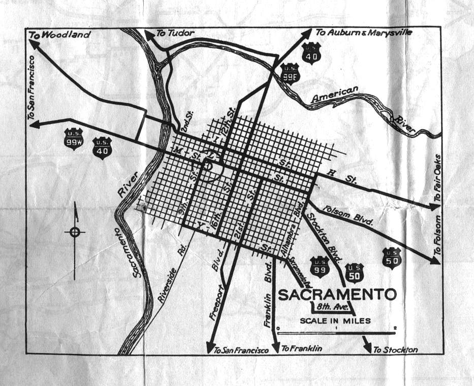 Detail map for Sacramento on the 1936 California official highway map
