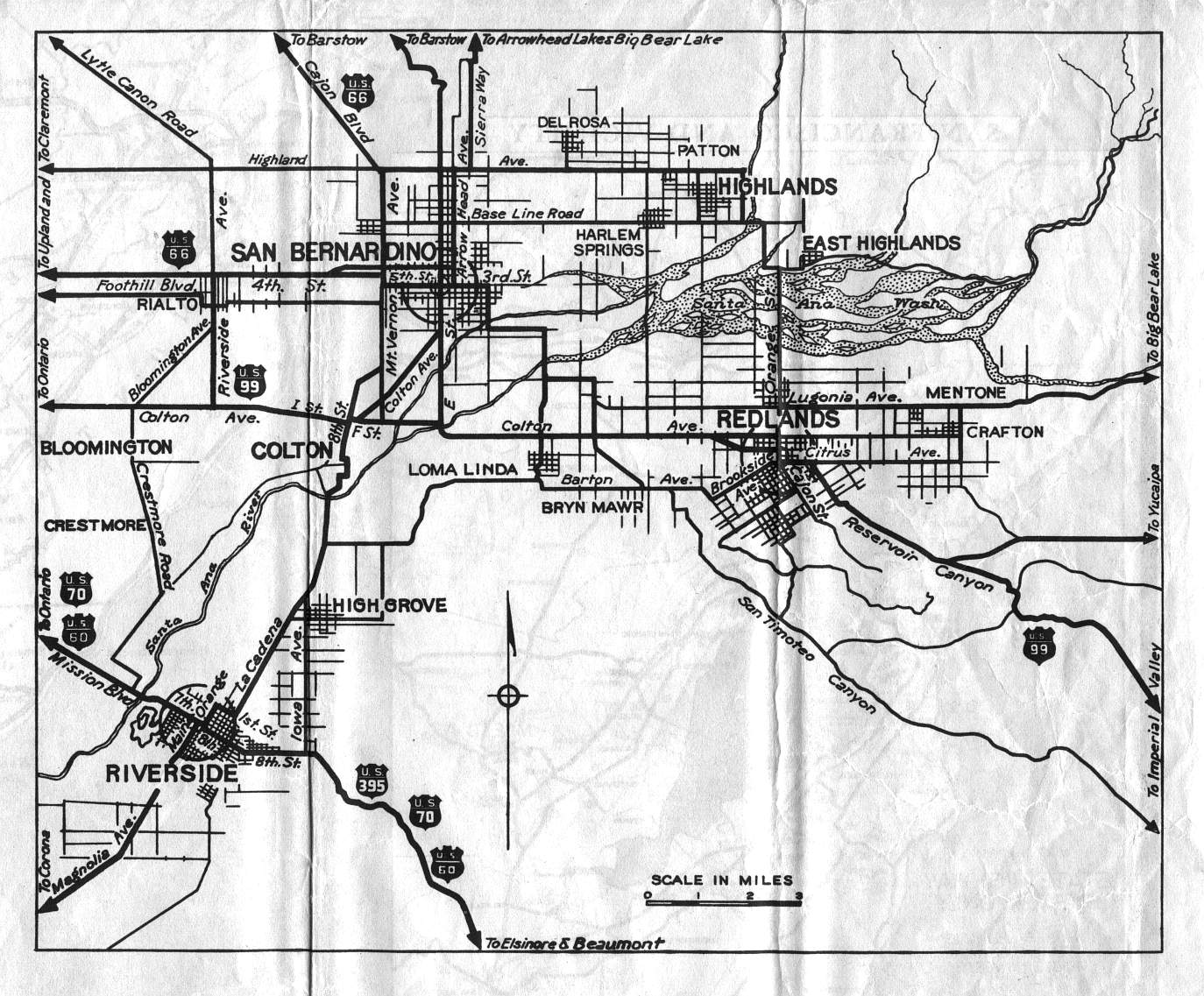 Detail map for San Bernardino on the 1936 California official highway map