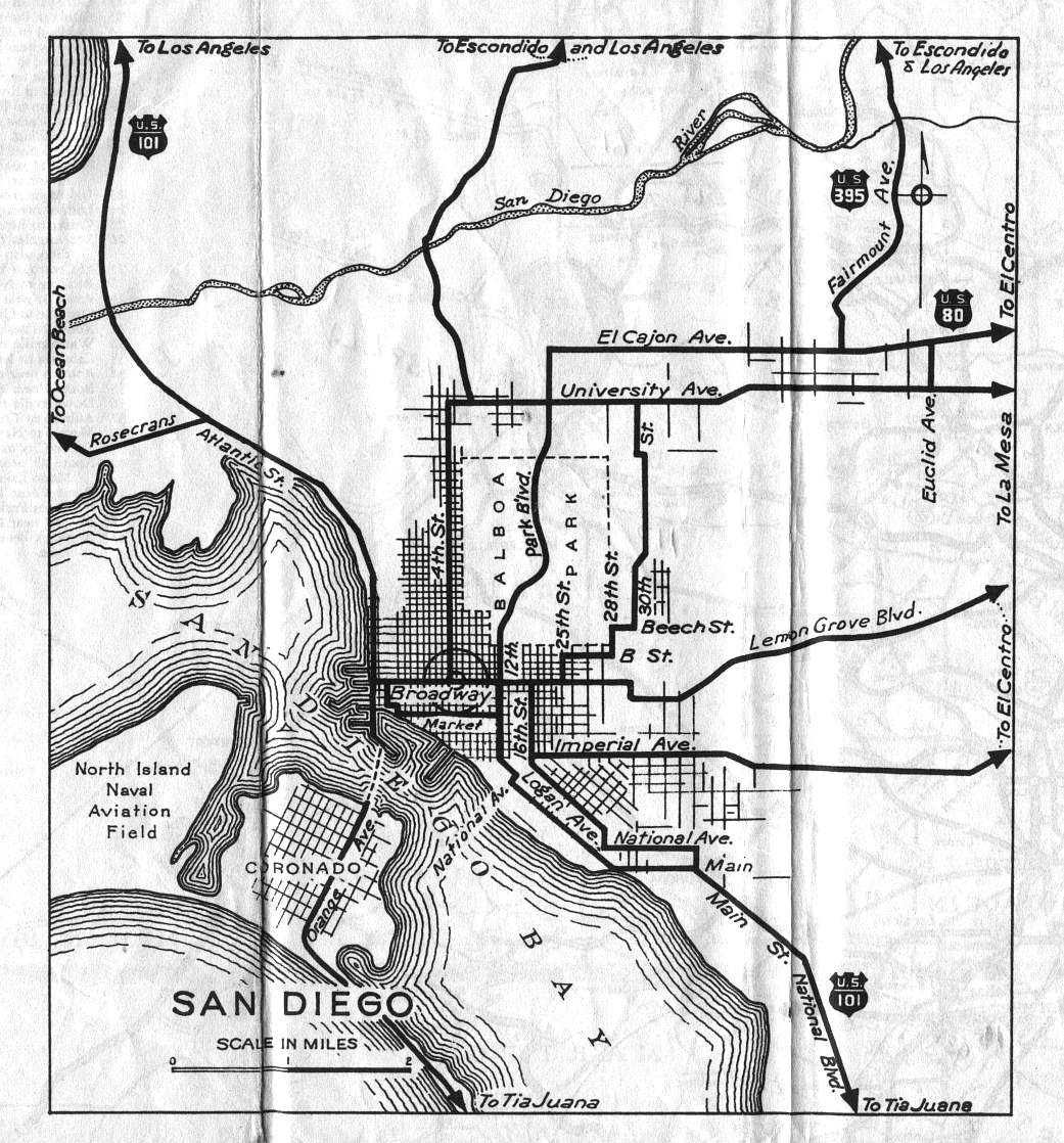 Detail map for San Diego on the 1936 California official highway map
