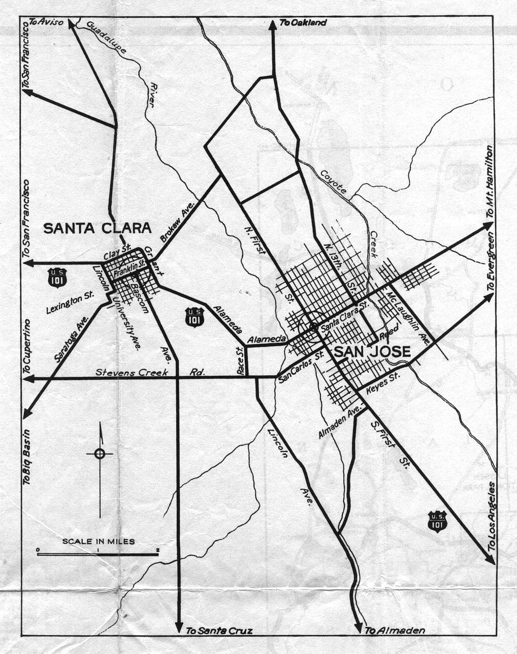 Detail map for San Jose on the 1936 California official highway map