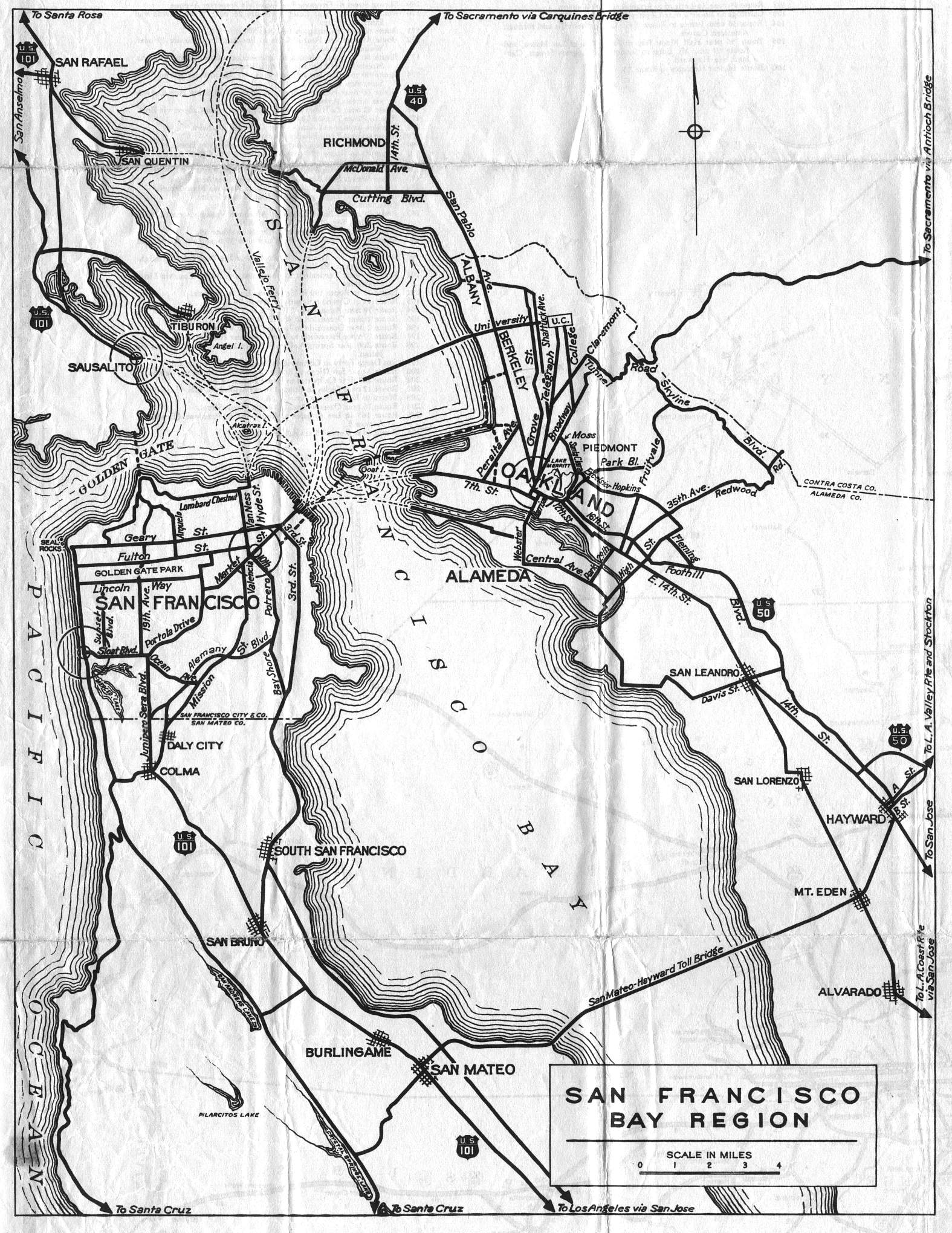 Detail map for the San Francisco Bay Area on the 1936 California official highway map