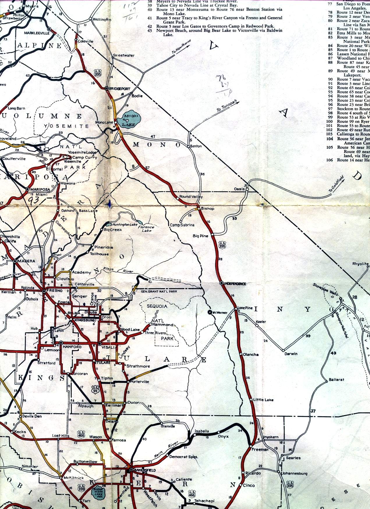 Yosemite National Park and the Eastern Sierras on the 1936 California official highway map