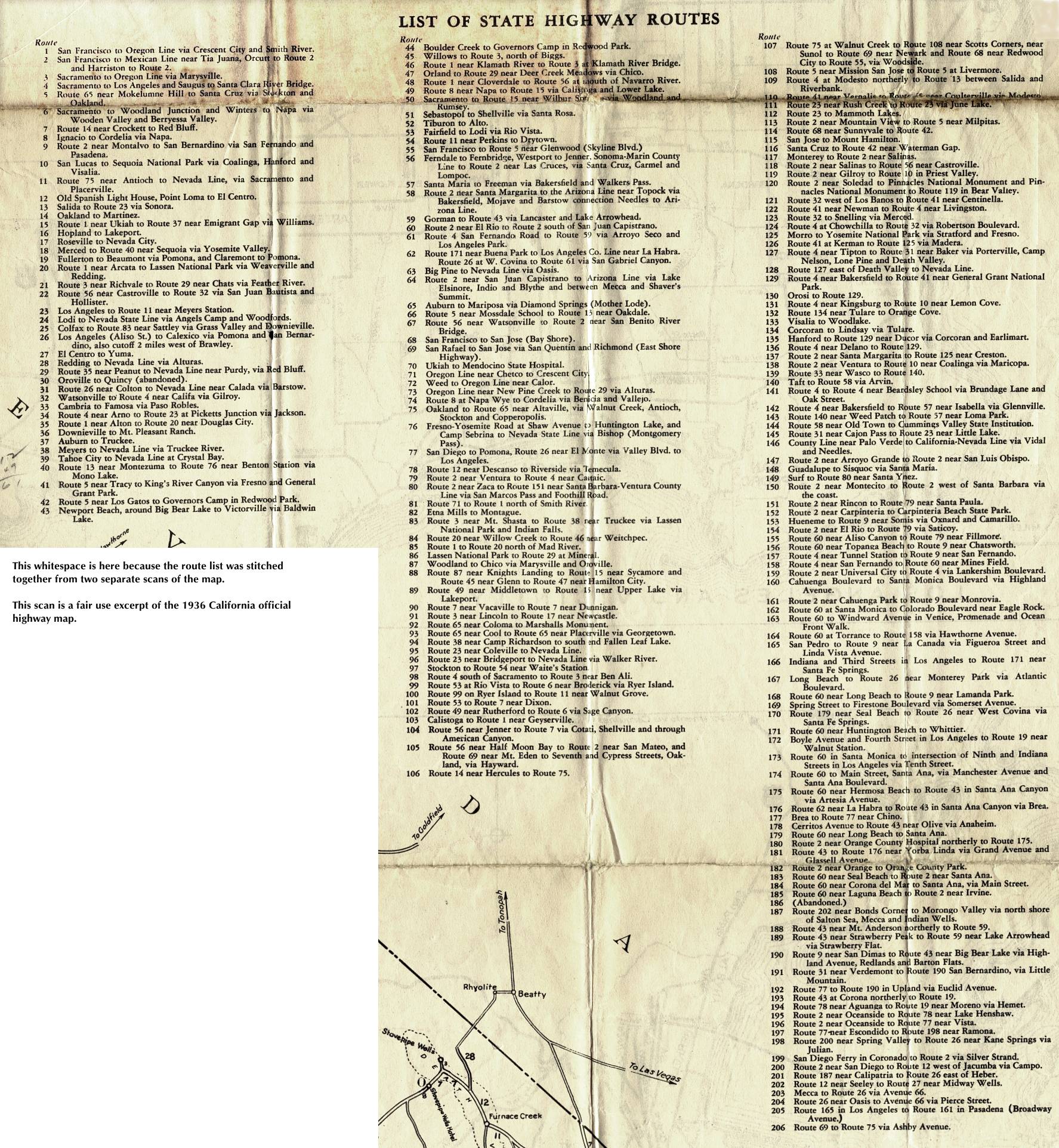 State route listing on the 1936 California official highway map