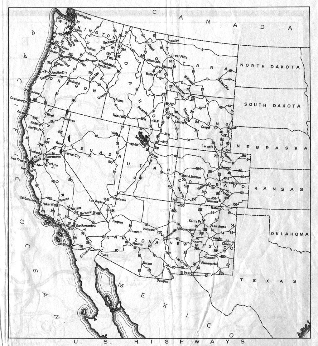 US highways in the Western states, shown on the 1936 California official highway map