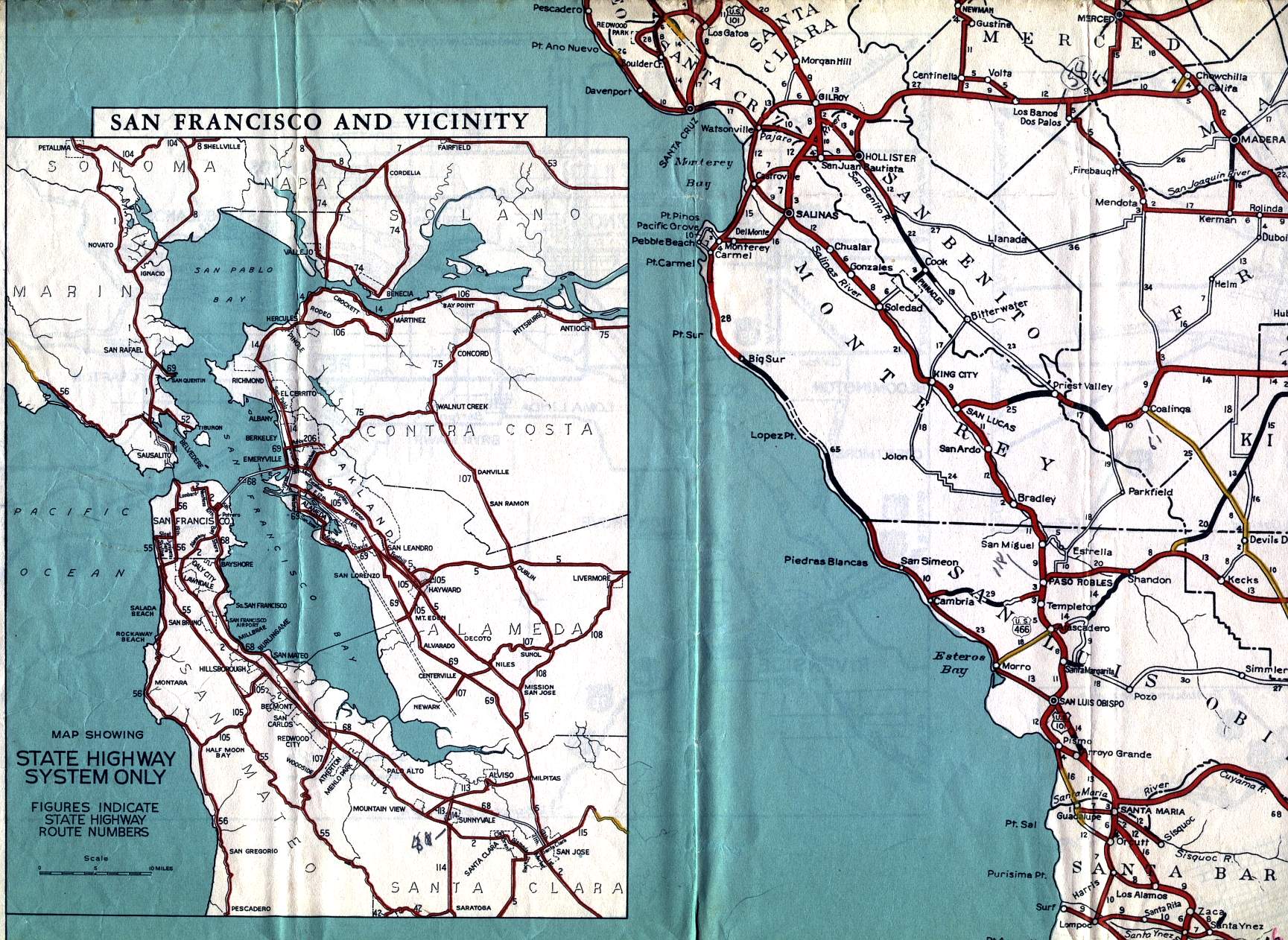 San Francisco and vicinity, as well as Monterey County, on the 1936 California official highway map