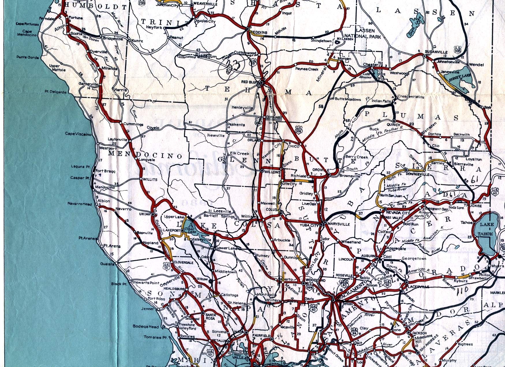Mendocino and Lake counties plus the northern end of the Central Valley and Gold Country on the 1936 California official highway map