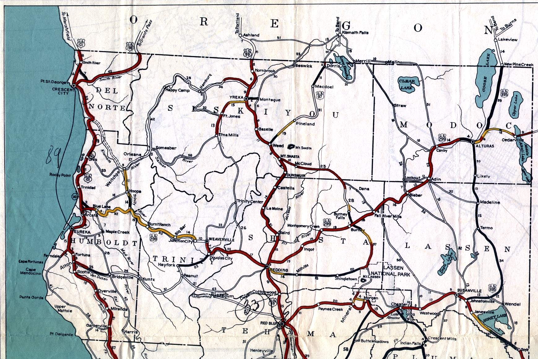 The northernmost portion of California on the 1936 California official highway map