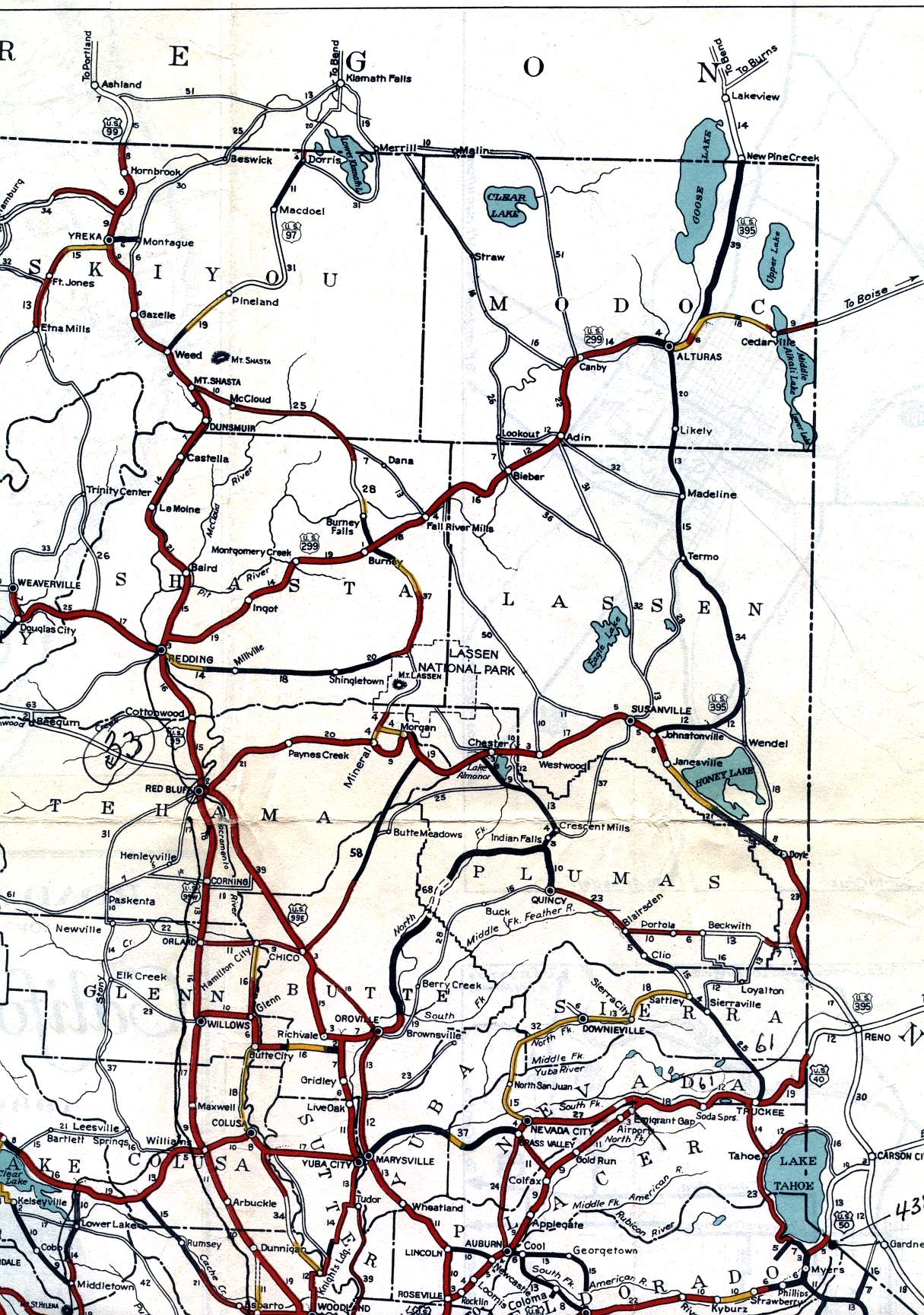 Northeastern California on the 1936 California official highway map