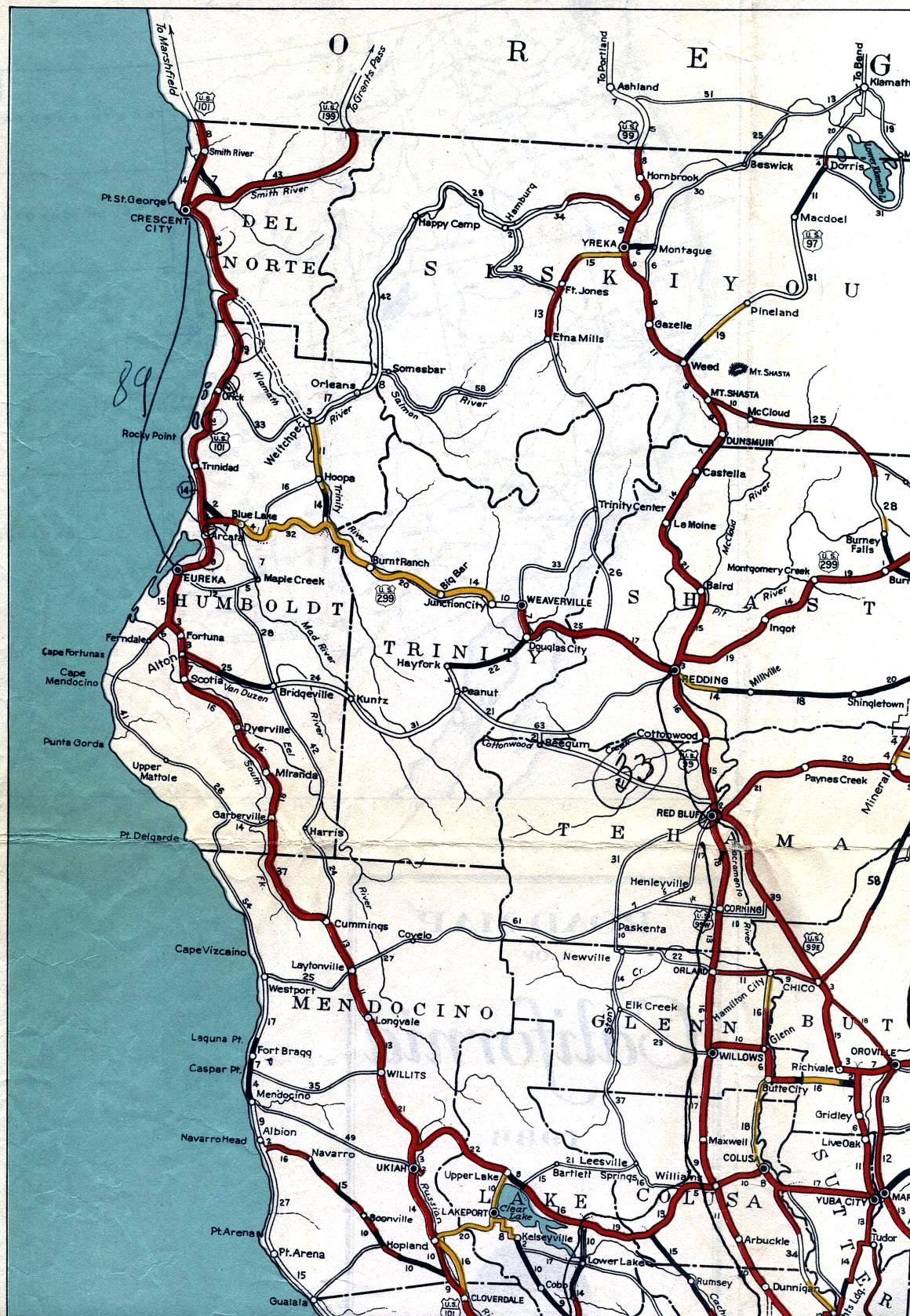 Northwestern California on the 1936 California official highway map