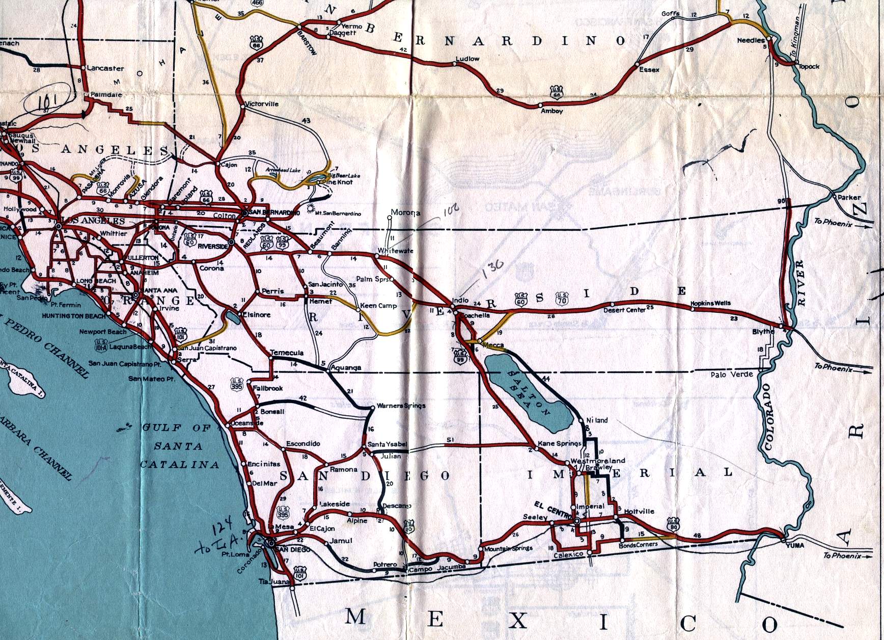 Southern California on the 1936 California official highway map