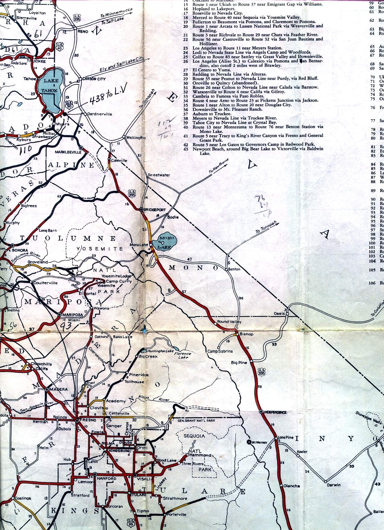 East-central California on the 1936 California official highway map