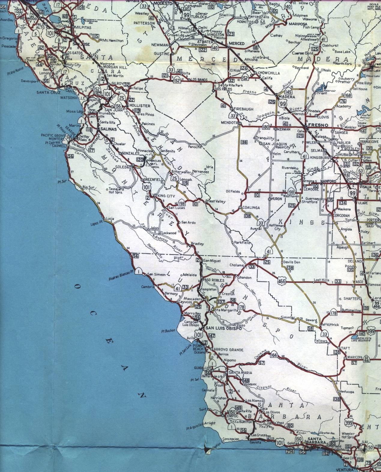 Section of 1956 official highway map for California