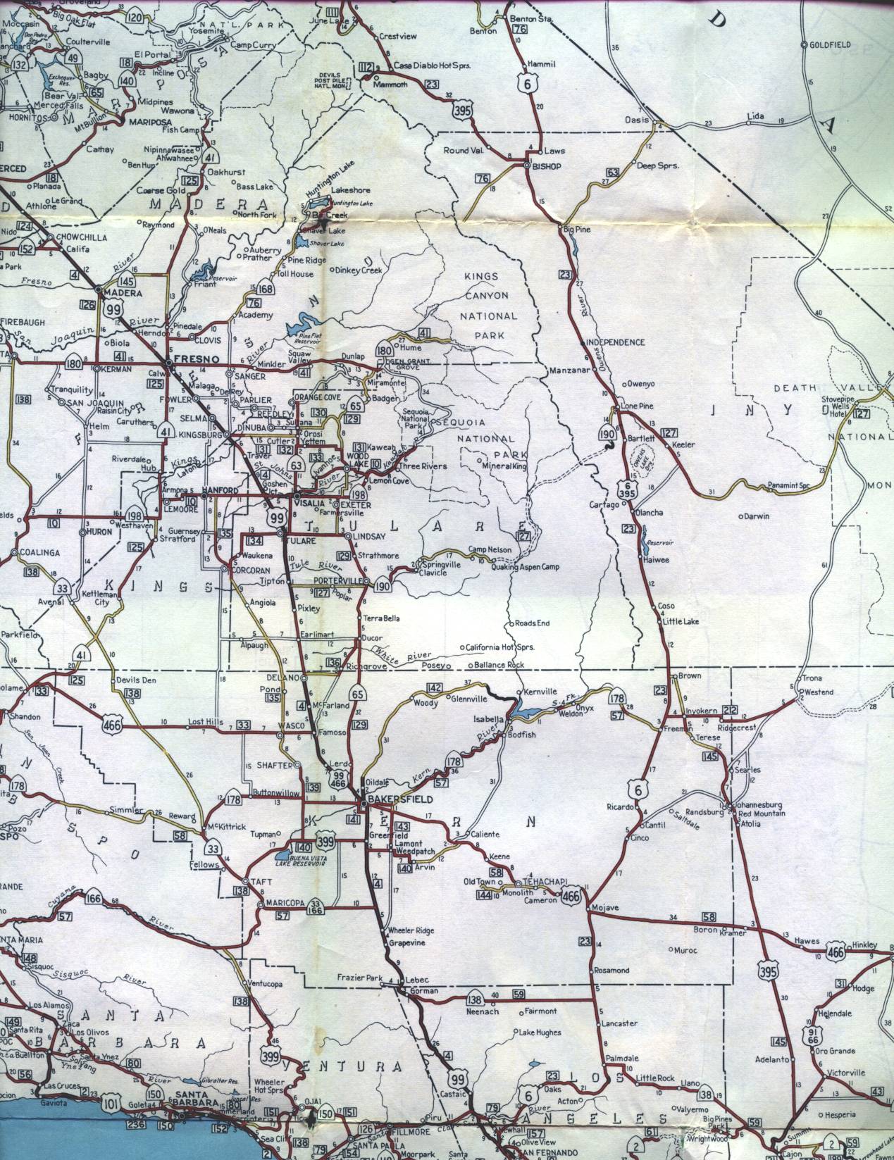 Section of 1956 official highway map for California