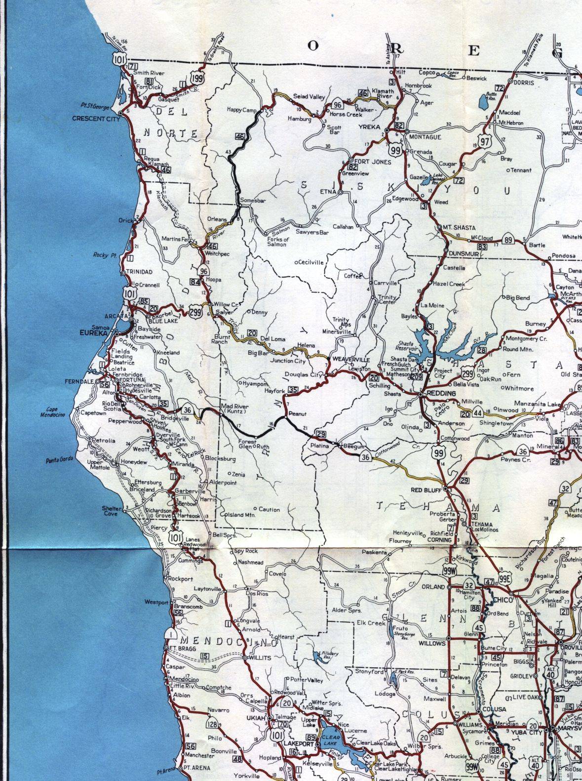 Section of 1956 official highway map for California