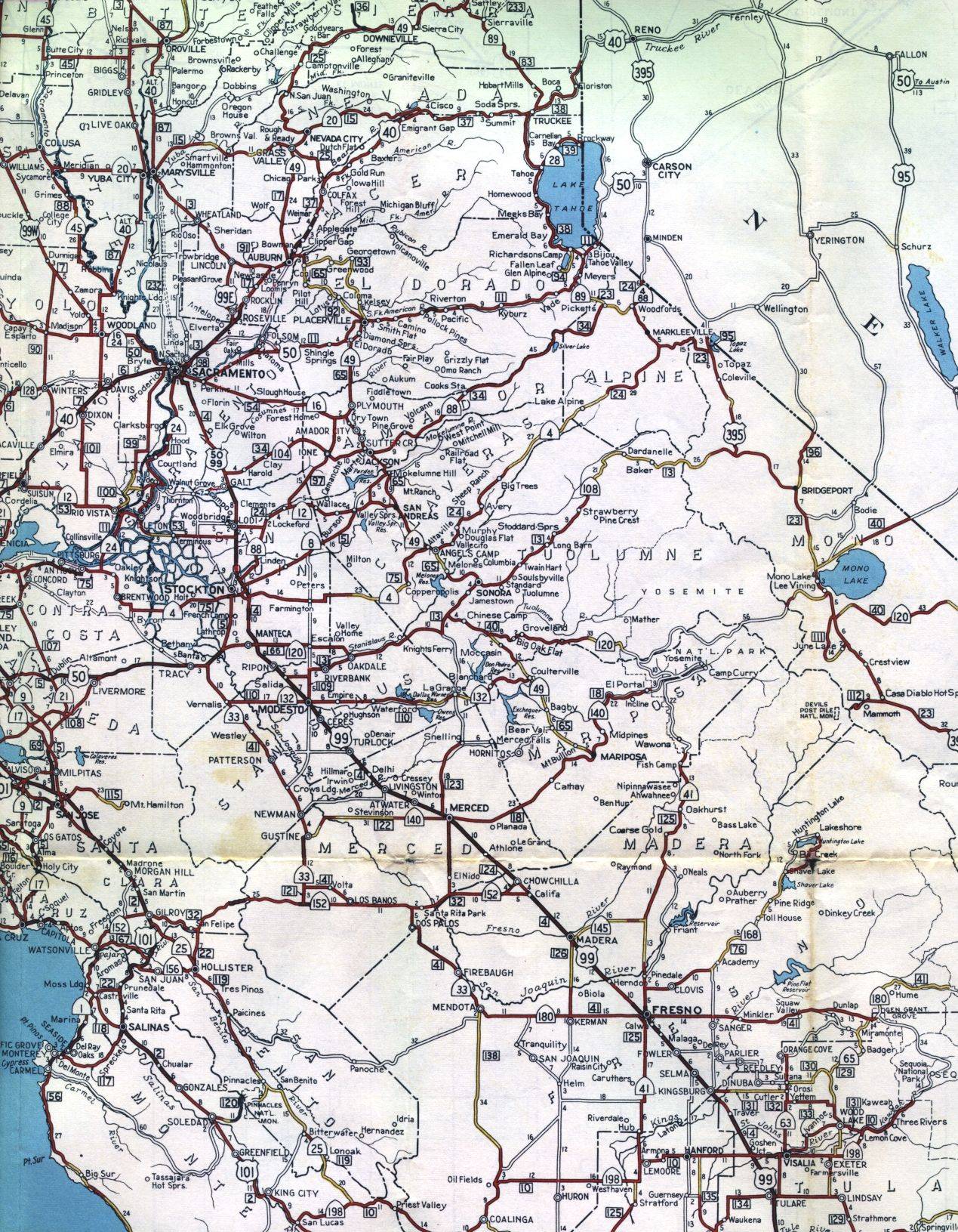 Section of 1956 official highway map for California