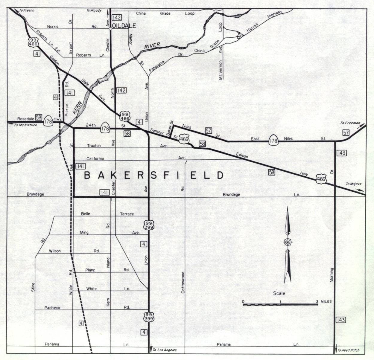 Detail map for Bakersfield on the 1961 California official highway map