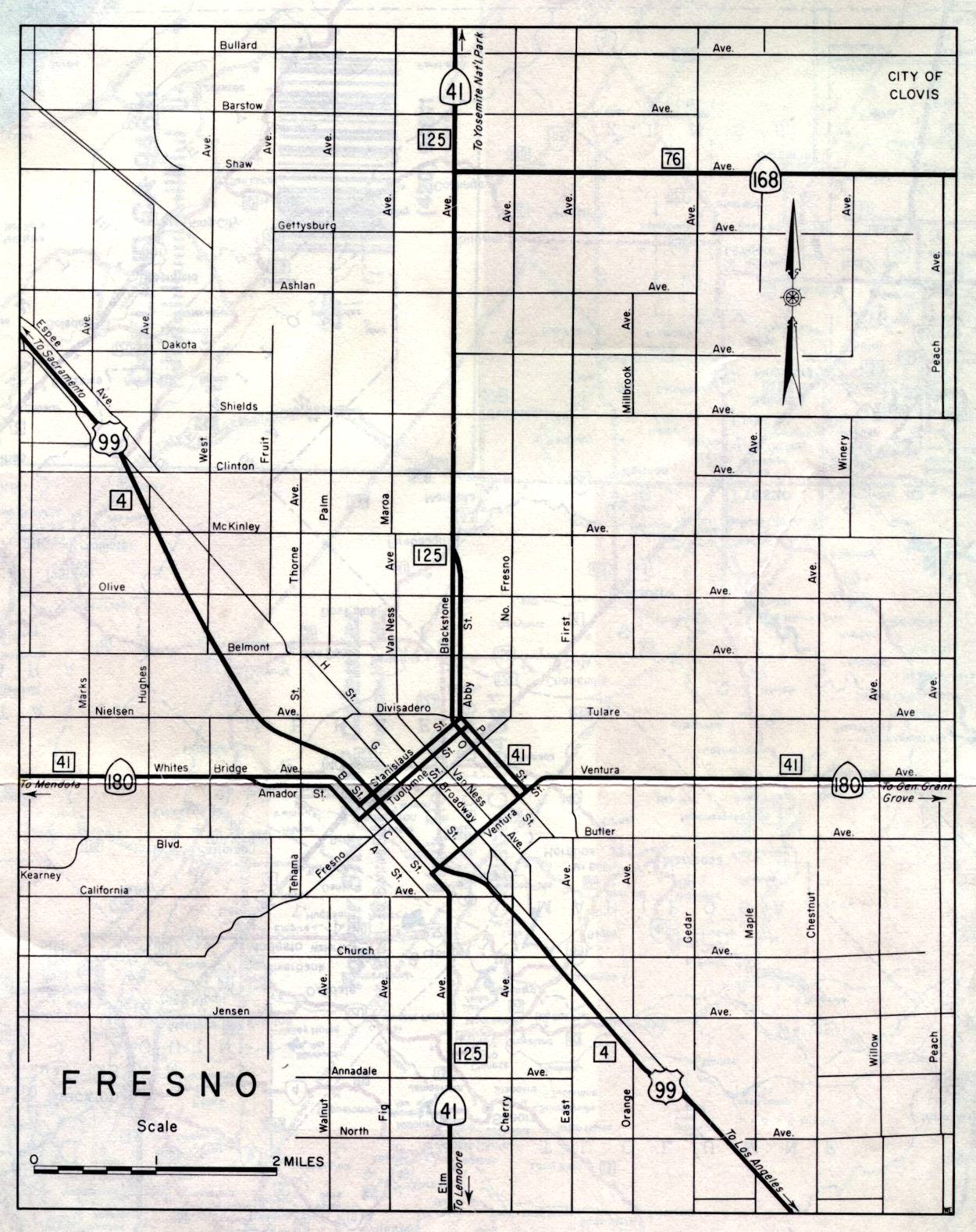 Detail map for Fresno on the 1961 California official highway map