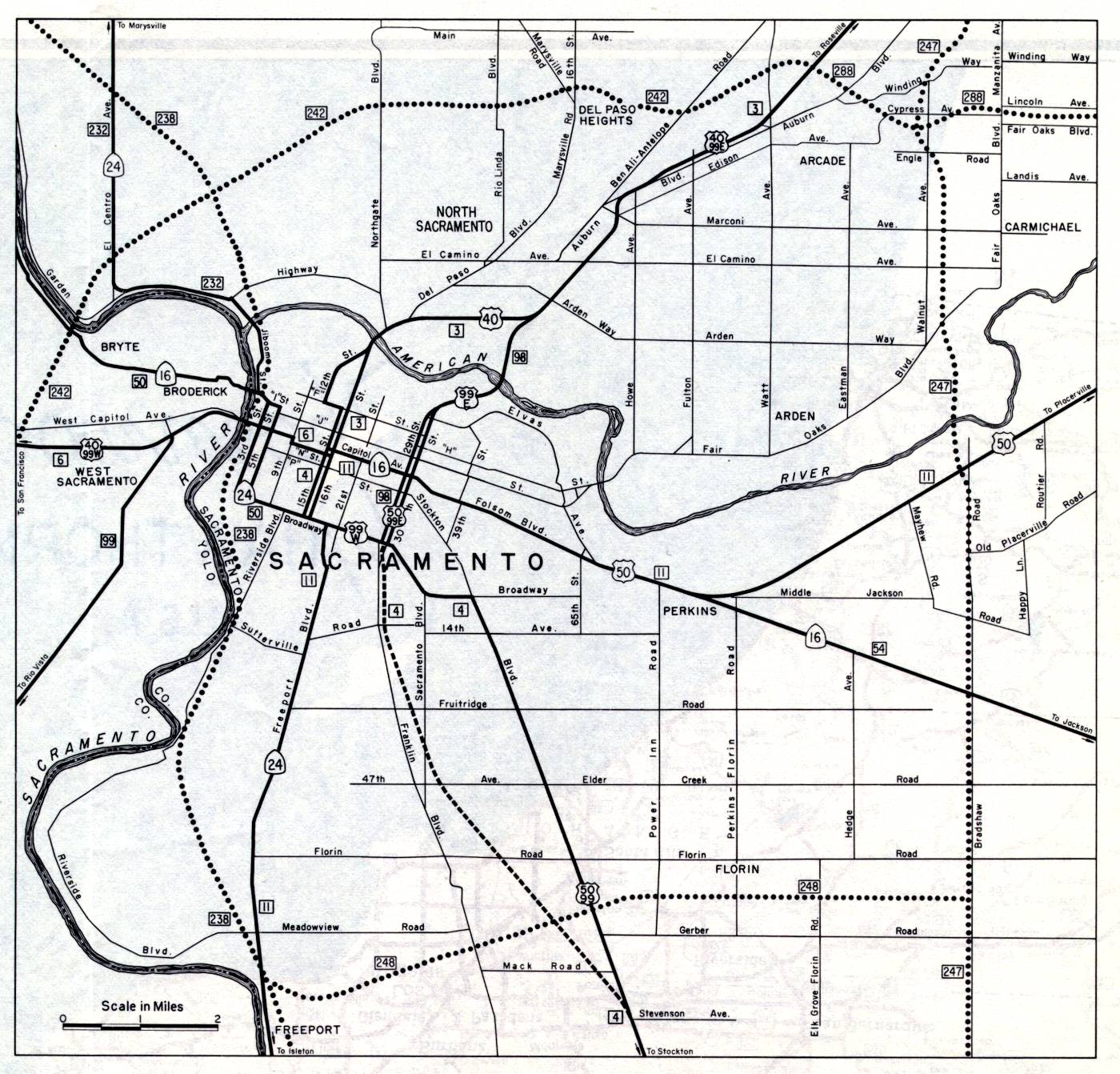 Detail map for Sacramento on the 1961 California official highway map