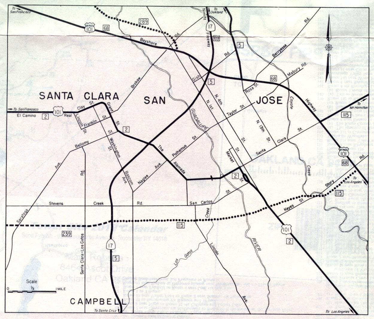 Detail map for San Jose on the 1961 California official highway map