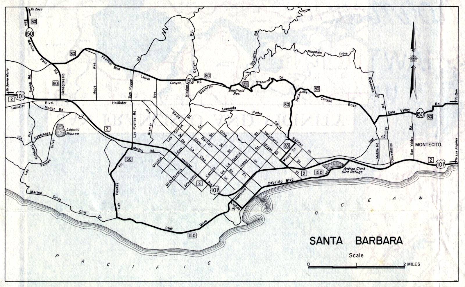 Detail map for Santa Barbara on the 1961 California official highway map