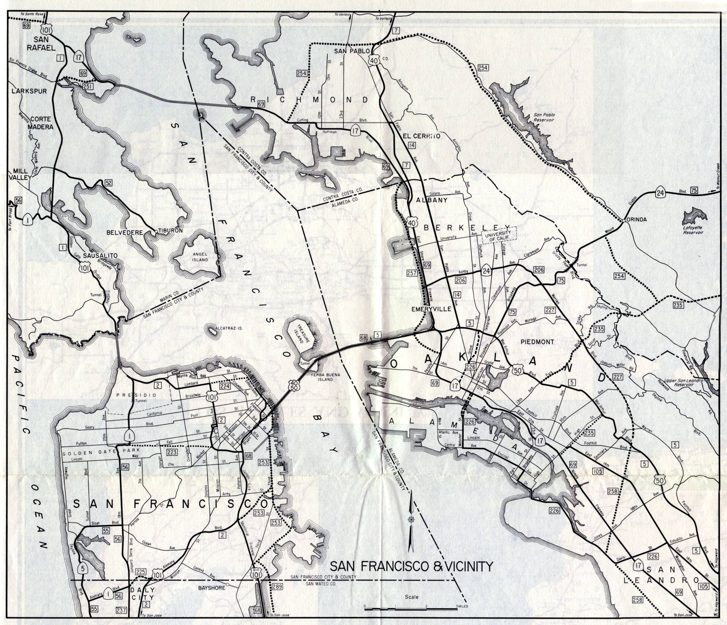 Detail map for the San Francisco Bay Area on the 1961 California official highway map