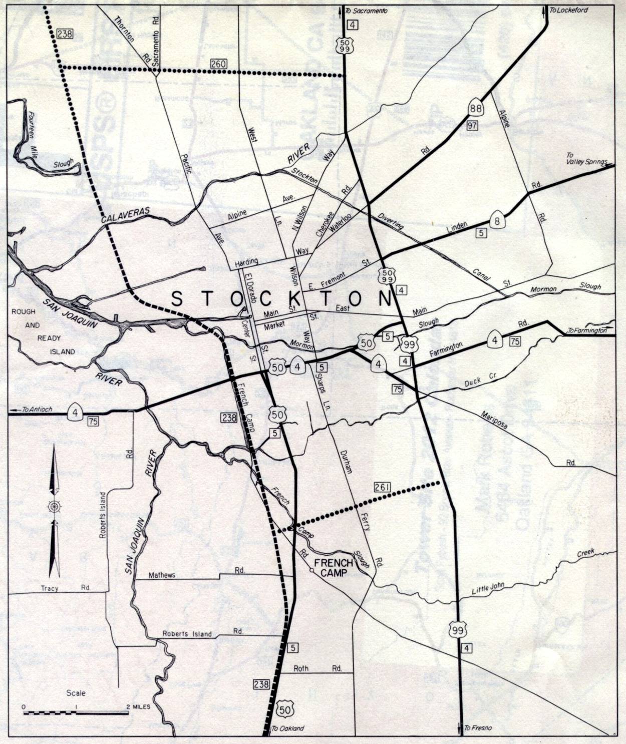 Detail map for Stockton on the 1961 California official highway map