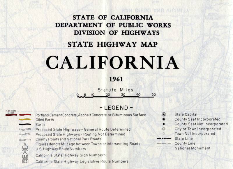 California road map legend (1961 official map